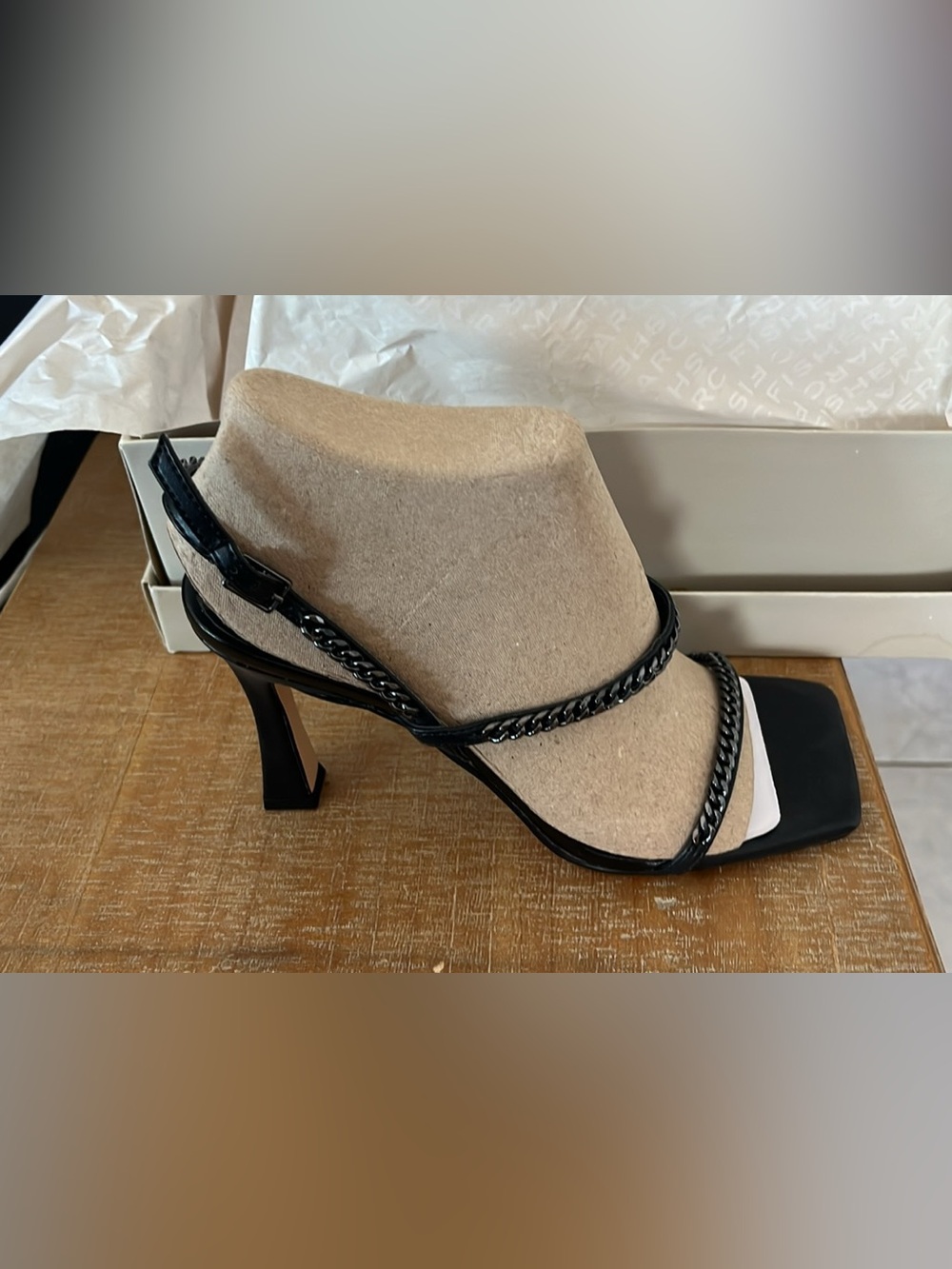 Marc Fisher Black Chain-Strap Square-Toe High Heel Sandals